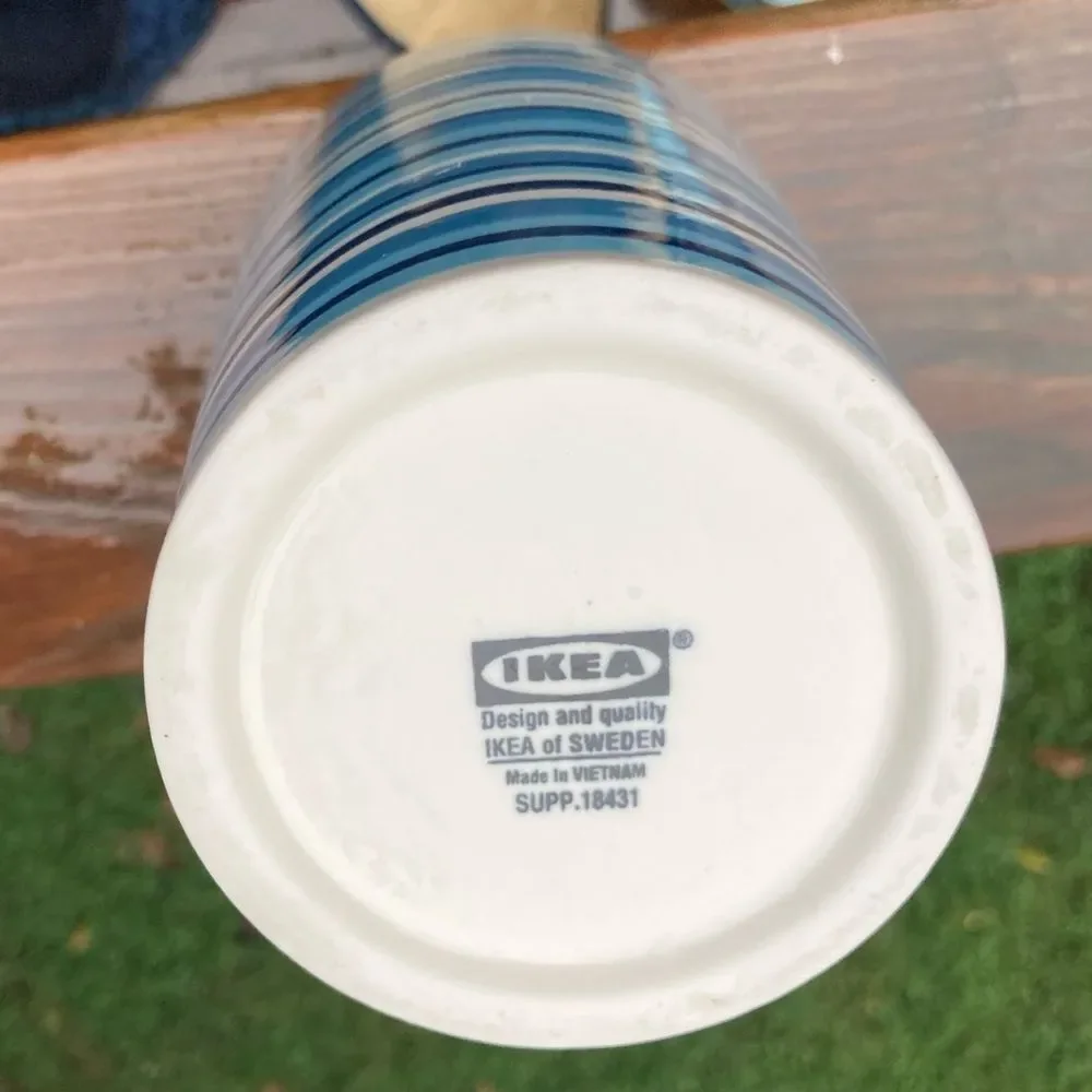IKEA Striped Ceramic Vase Blue and White 8.5 inches Tall